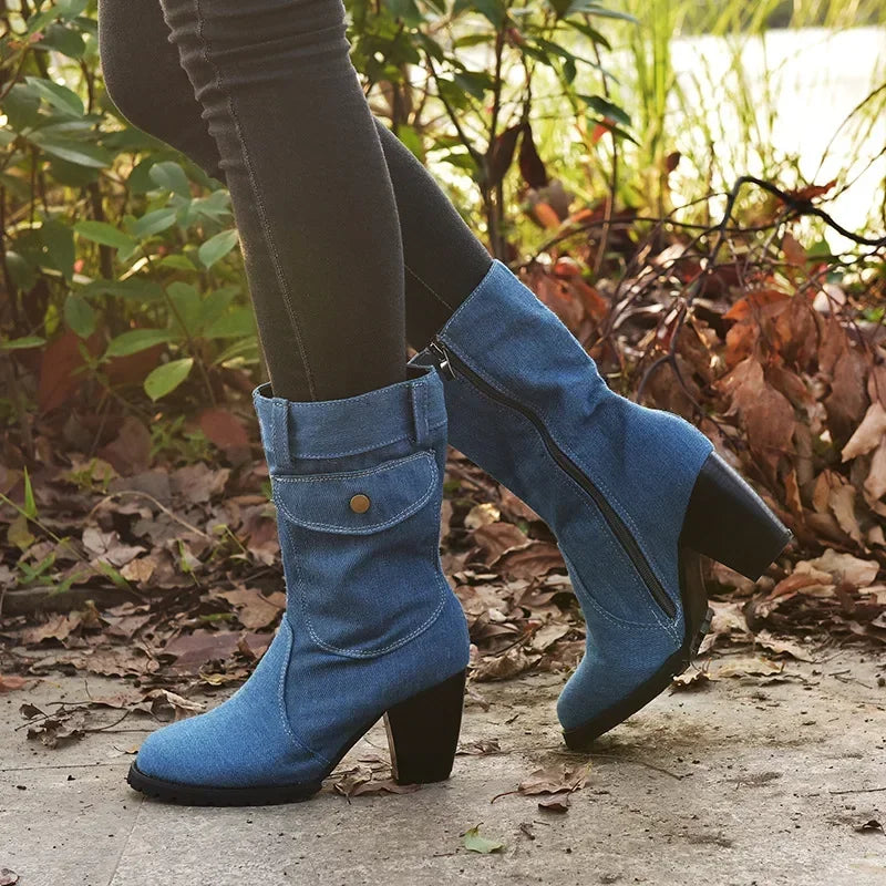 Women's Denim Cowboy Ankle Boot with Square Heel | FBA Vibes
