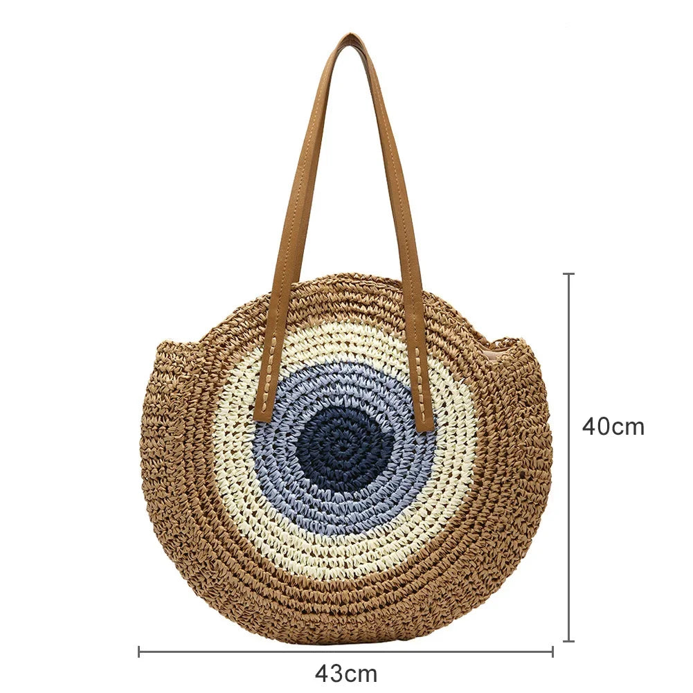Women's Round Straw Woven Tote Bag – Large Capacity Ethnic Style Vacation Shoulder Handbag