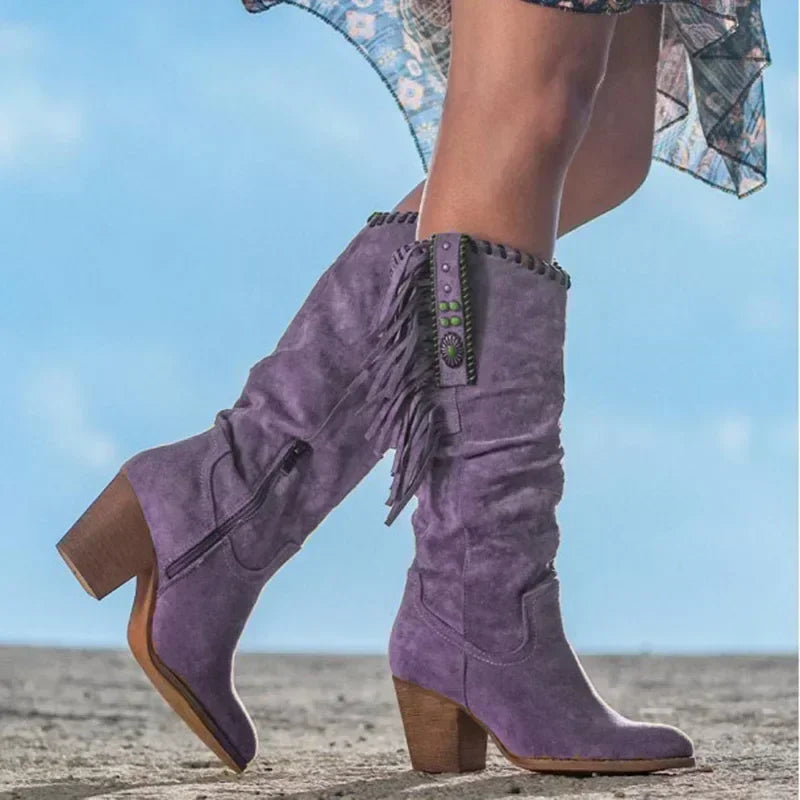 Women's Retro Metal Buckle Tassel Western Cowboy Knee-High Boot