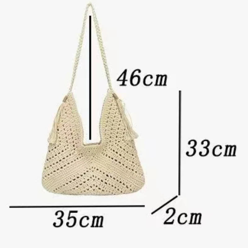 Summer Crochet Boho Shoulder Bag for Women – Knitted Hollow-Out Beach Vacation Tote