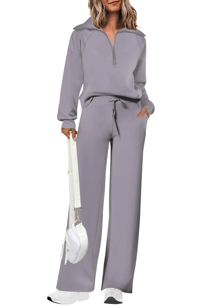 Women's 2-Piece Loose-Fit Half-Zip Sweatshirt & Wide-Leg Jogger Set | FBA Vibes