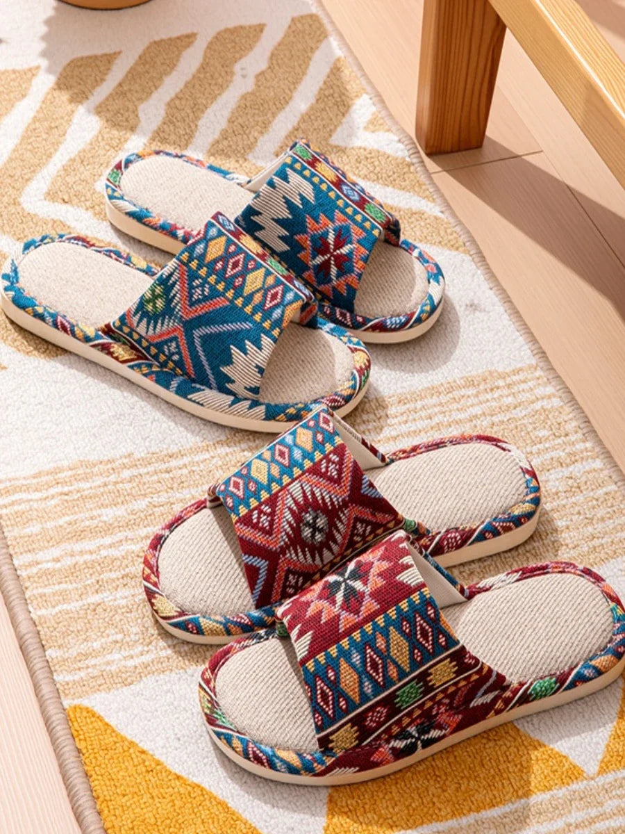 FBA Ethnic Linen Flip Flops | Unisex Retro Beach Sandals