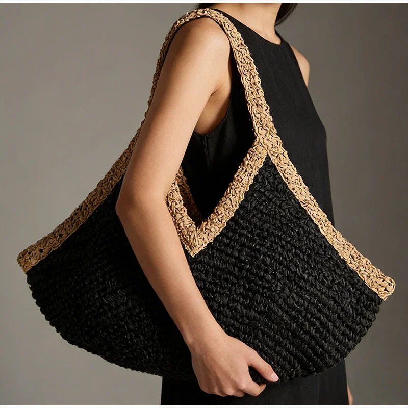 Bohemian Handmade Woven Straw Beach Bag – Vintage Crochet Rattan Tote Shoulder Purse