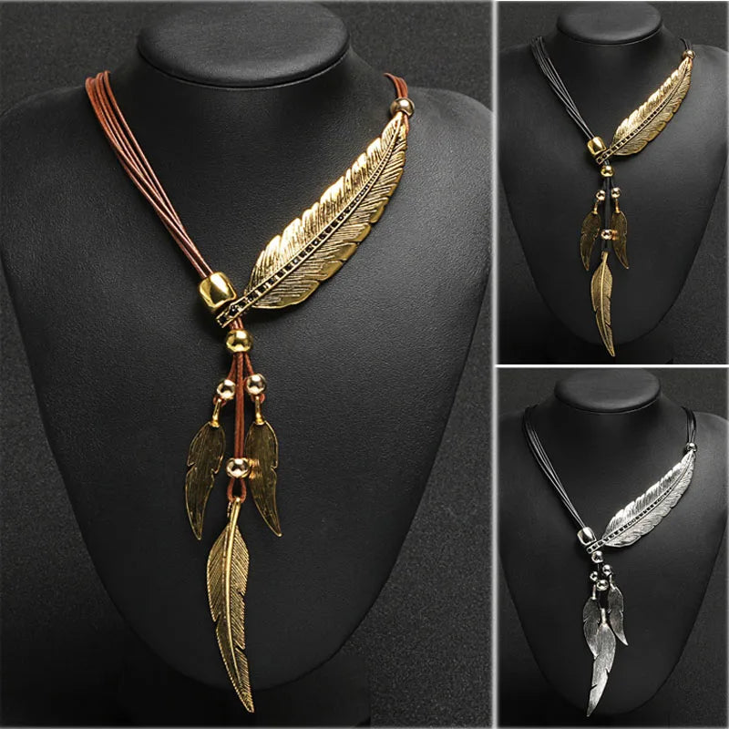 FBA Bohemian Feather Pendant Necklace | Vintage Rope Chain Jewelry