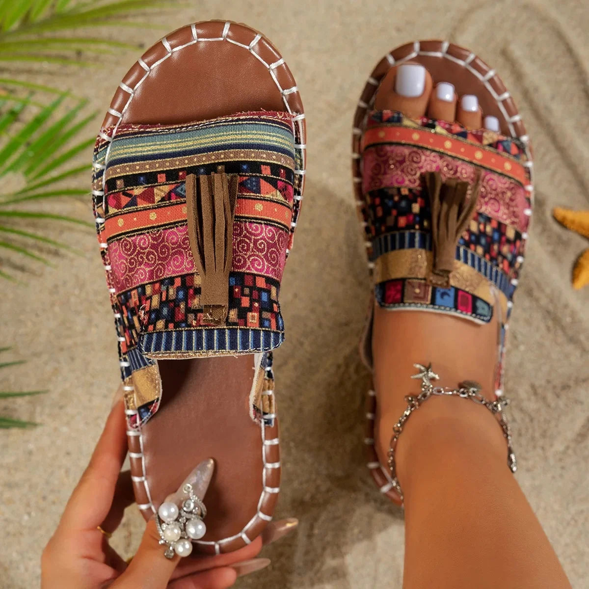 FBA Women's Bohemian Tassel Beach Slippers | Plus Size Flat Sandals
