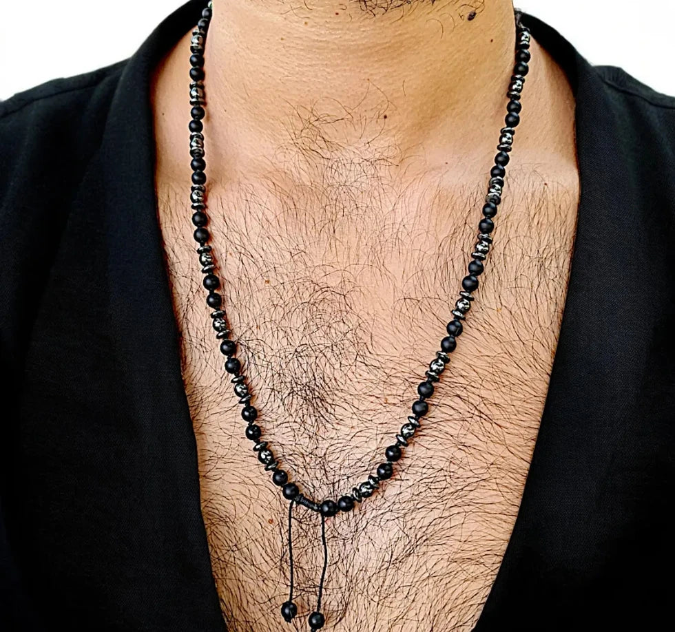 FBA Frosted Stone Hematite Beaded Pendant Necklace | Men's Ethnic Jewelry