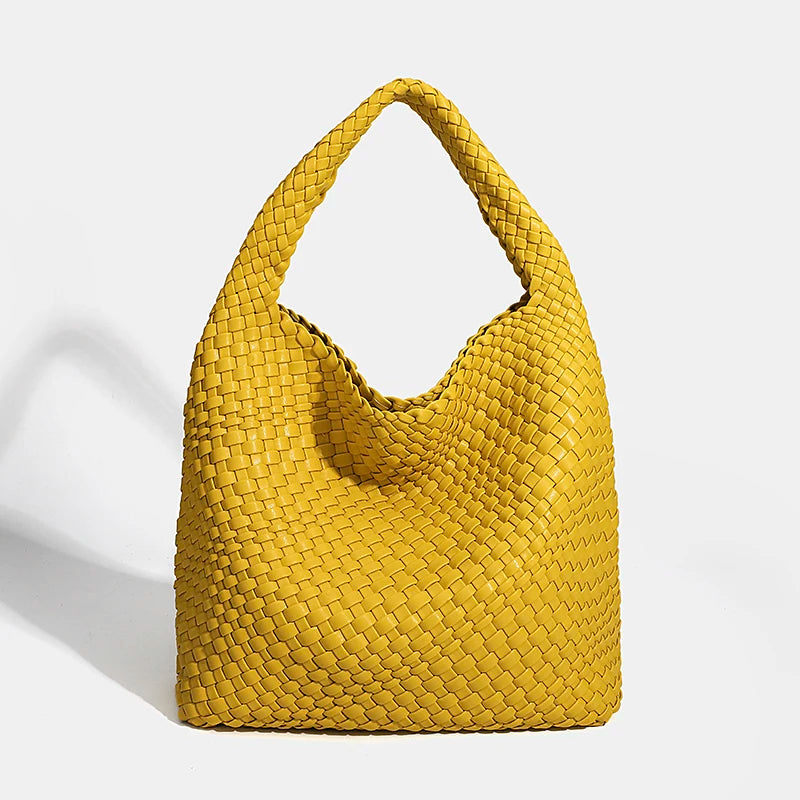 Hand-Knitted PU Woven Tote Bag for Women – Large Luxury Criss-Cross Shoulder Bag