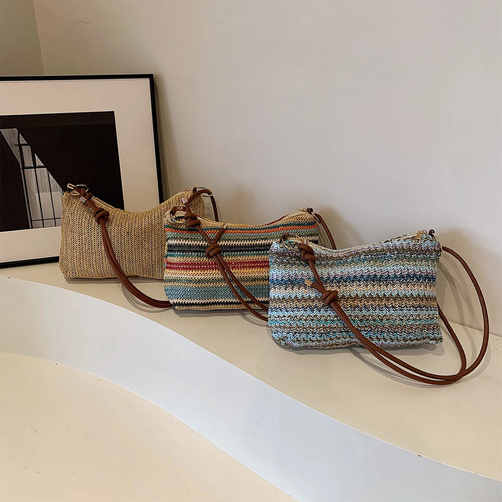 Women's Striped Woven Straw Tote Bag with Detachable Coin Purse – Zip Closure Beach Vacation Bag
