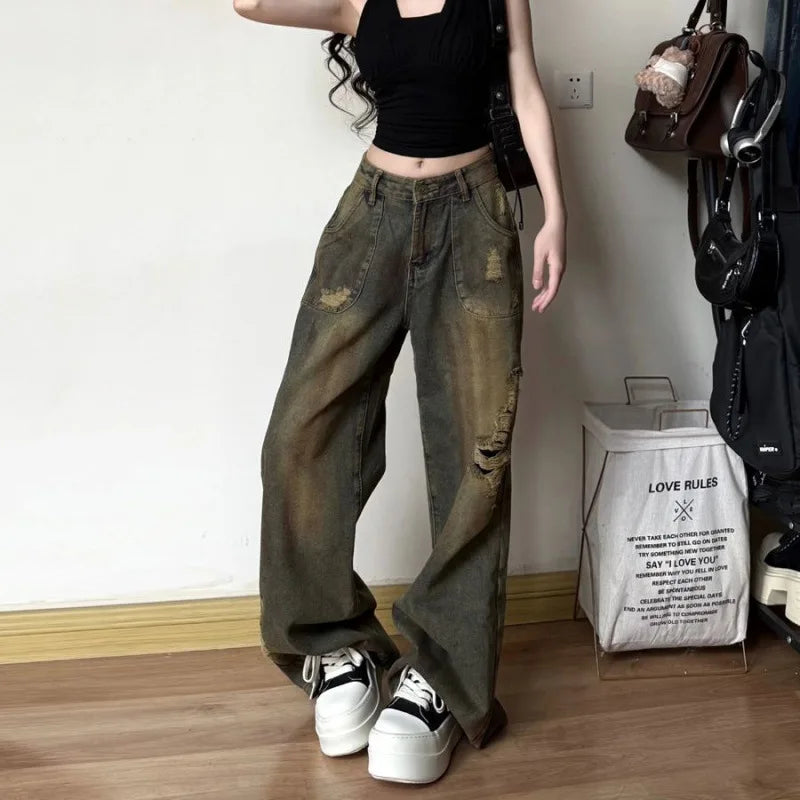 Women's American Retro High Waist Ripped Hole Wide-Leg Straight Jeans – Tie-Dye Loose Casual Denim | Retro Blue | XS–XL | FBA Vibes