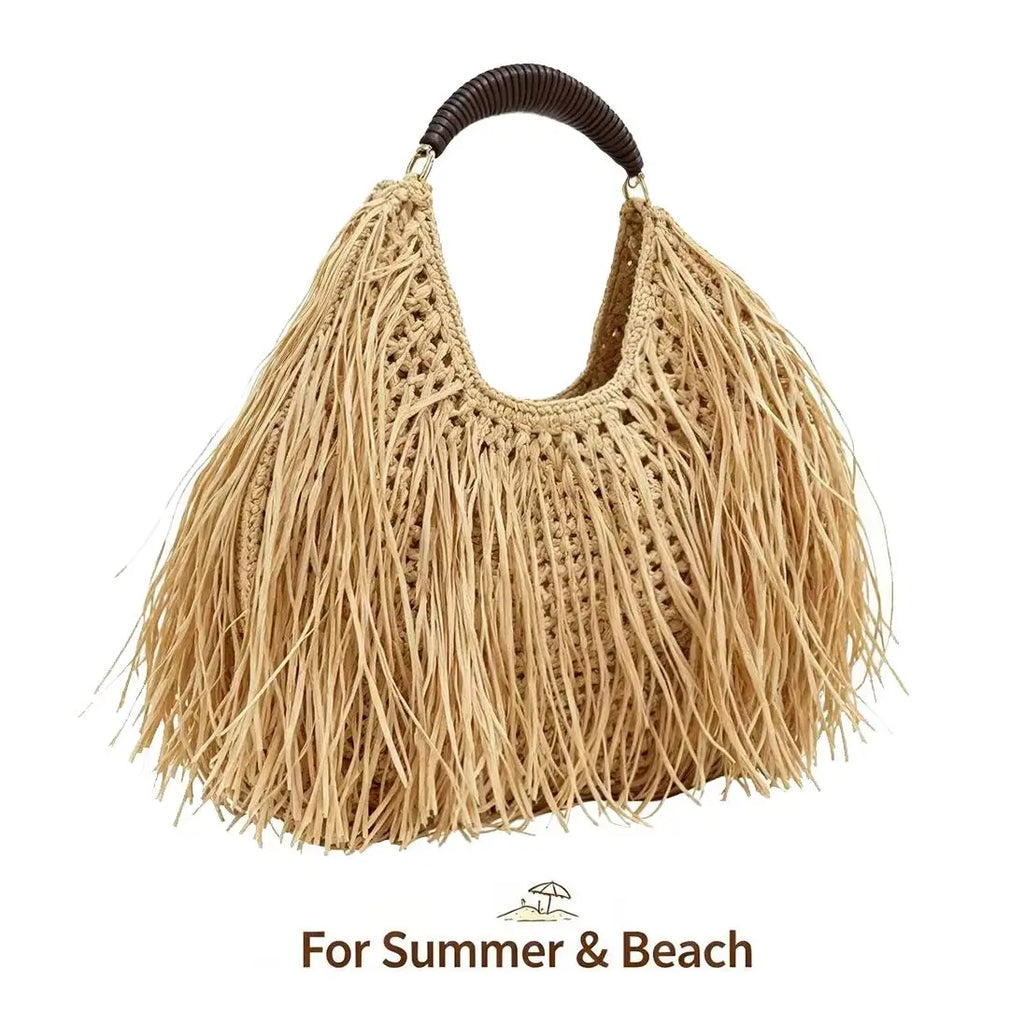 Pure Hand-Woven Straw Fringe Shoulder Bag for Women – Ethnic Holiday Half Moon Tote